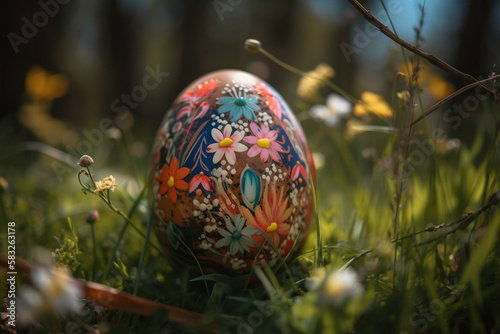 close up of an traditional Latvian easter egg in the green grass with spring flowers, Generative AI