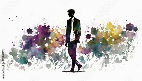 Man Surrounded by Blooming Flowers  isolated on white background - watercolor style illustration background by Generative Ai