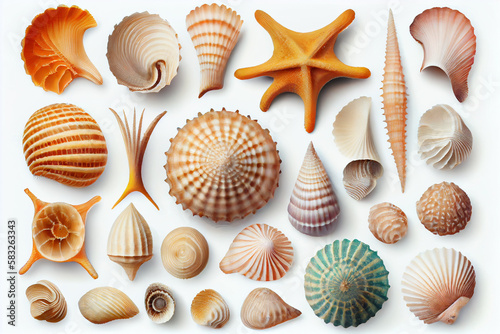 Collection of seashells and starfish isolated on white background