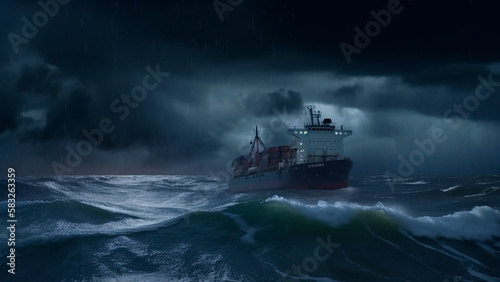Highly detailed scene of a ship in the ocean during a terrible storm, big waves, dark skies, ominous, photo realistic (Digital Illustration by AI)