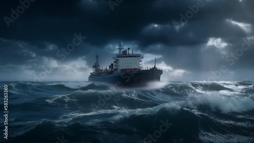 Highly detailed scene of a ship in the ocean during a terrible storm, big waves, dark skies, ominous, photo realistic (Digital Illustration by AI)