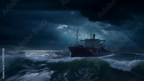 Highly detailed scene of a ship in the ocean during a terrible storm, big waves, dark skies, ominous, photo realistic (Digital Illustration by AI)