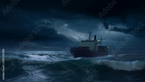 Highly detailed scene of a ship in the ocean during a terrible storm, big waves, dark skies, ominous, photo realistic (Digital Illustration by AI) © SharpeStyles