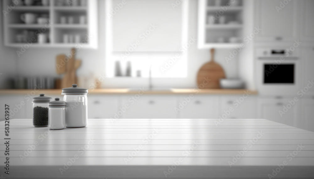 Table top and blurred kitchen room as background mockup, Generative AI