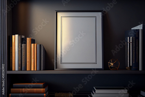 Wallpaper Mural Empty frame on a shelf among books in the living room. Template for Design. Mock Up. AI generated. Torontodigital.ca