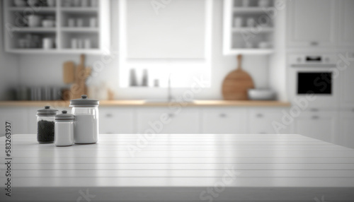 Table top and blurred kitchen room as background mockup, Generative AI