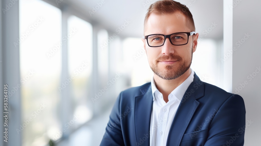 Powerful Presence: Successful Businessman in Bright, Modern Workspace. Generative AI. Powerful Presence: Successful Businessman in Bright, Modern Workspace. Generative AI.