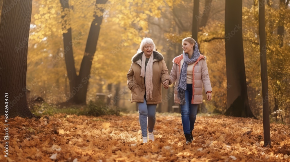 Family Bonding in the Park: Senior Woman and Granddaughter Enjoying Autumn Walk. Generative AI. Family Bonding in the Park: Senior Woman and Granddaughter Enjoying Autumn Walk. Generative AI.
