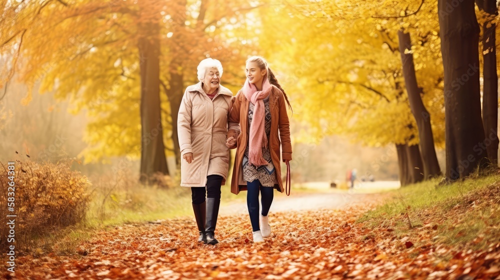 Family Bonding in the Park: Senior Woman and Granddaughter Enjoying Autumn Walk. Generative AI. Family Bonding in the Park: Senior Woman and Granddaughter Enjoying Autumn Walk. Generative AI.