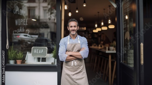 Entrepreneurial spirit: Small business owner stands confidently at cafe entrance. Generative AI.