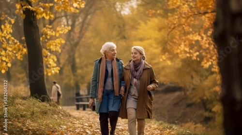 Family Bonding in the Park: Senior Woman and Granddaughter Enjoying Autumn Walk. Generative AI.