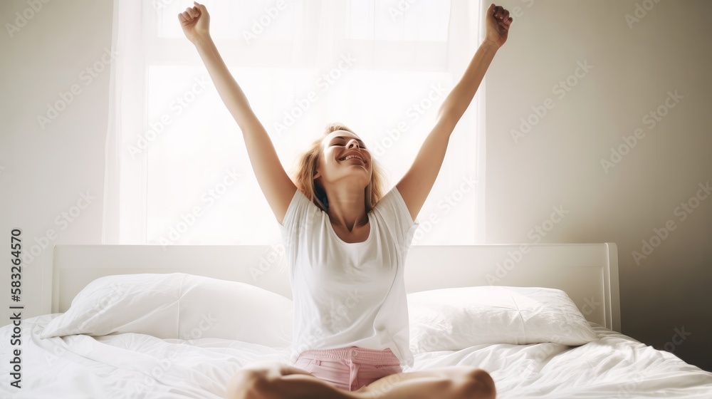 Happy Morning Routine: Woman Stretching and Smiling on Bed. Generative AI. Happy Morning Routine: Woman Stretching and Smiling on Bed. Generative AI.