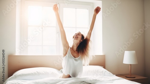 Happy Morning Routine: Woman Stretching and Smiling on Bed. Generative AI.