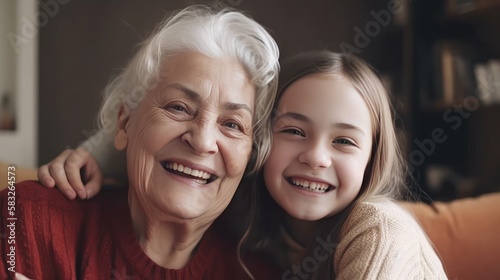 Grandma's Little Angel: Happy Granddaughter Shares a Laugh with her Grandmother at Home. Generative AI.