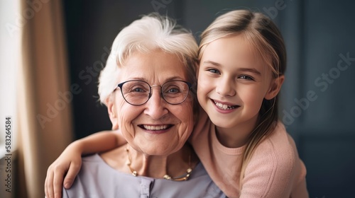 Grandma's Little Angel: Happy Granddaughter Shares a Laugh with her Grandmother at Home. Generative AI.