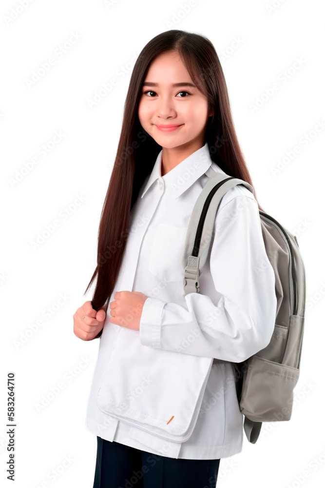 Portrait of a teen student girl smiling, Asian ethnicity in university uniform with backpack isolated Portrait of a teen student girl smiling, Asian ethnicity in university uniform with backpack isolated