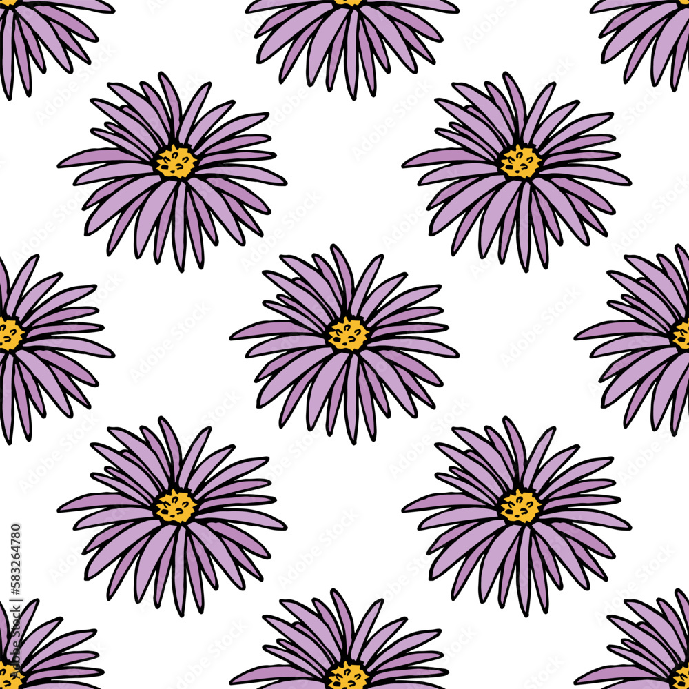 Seamless pattern with beautiful Aster alpinus on white background. Vector image. Seamless pattern with beautiful Aster alpinus on white background. Vector image.