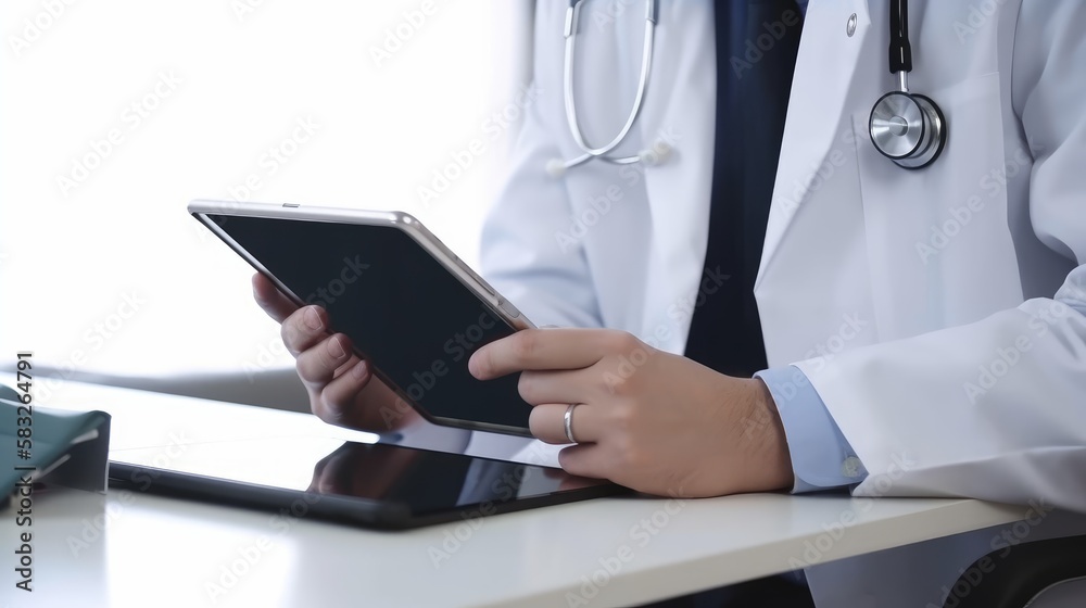 Empowering healthcare professionals: A doctor presents with a digital tablet in a meeting room. Generative AI. Empowering healthcare professionals: A doctor presents with a digital tablet in a meeting room. Generative AI.