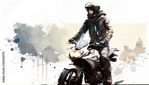 Man Riding Motorcycle, isolated on white background - watercolor style illustration background by Generative Ai