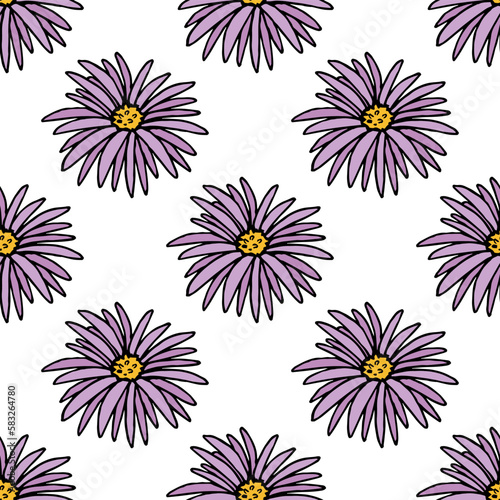 Seamless pattern with beautiful Aster alpinus on white background. Vector image.