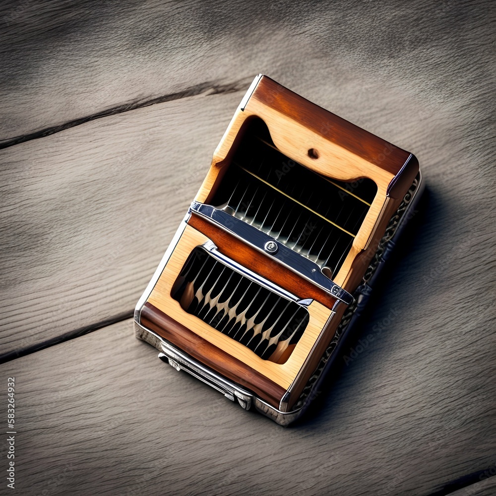 top view of the harmonica on the wooden table - generative ai top view of the harmonica on the wooden table - generative ai
