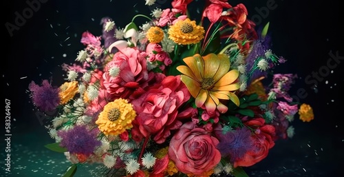 Colorful beautiful bright bouquet of flowers on a black background. Generative AI © keks20034