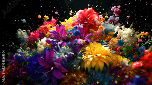 Colorful beautiful bright bouquet of flowers on a black background. Generative AI