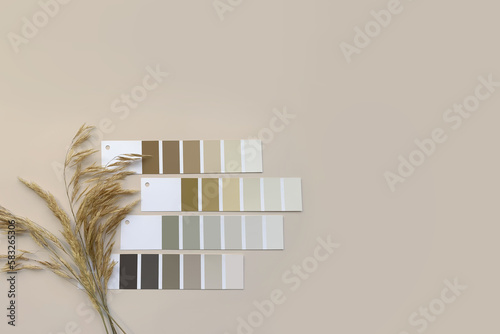 Concept: nature inspires colors. Samples of paints with dried grass on a beige background. Neutral beige and gray color palette for decorating and design. Natural pastel colors for home renovation