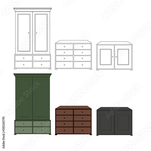 illustration of a furniture, set of furniture outline, closed, dresser and cabinet outline, interior design