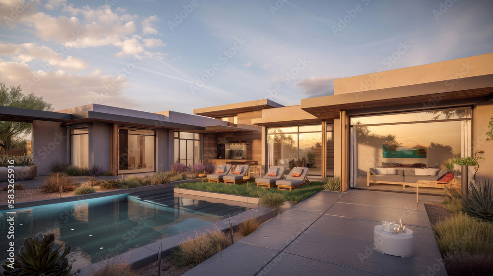 A modern home backyard in Scottsdale, Arizona with swimming pool by generative AI A modern home backyard in Scottsdale, Arizona with swimming pool by generative AI