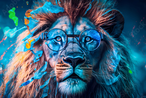 lion in front of blue glasses  a photorealistic painting