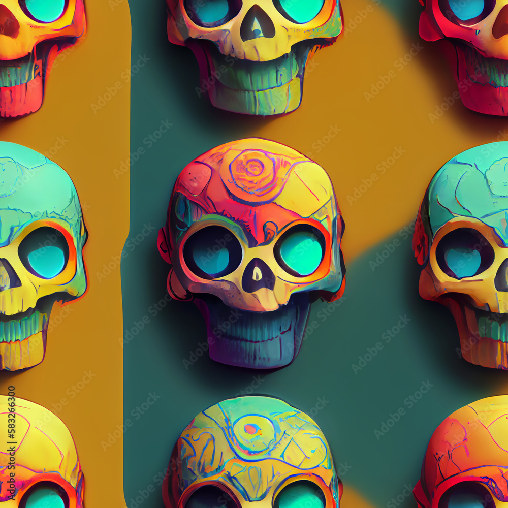 Watercolor fun seamless pattern of a series of skulls