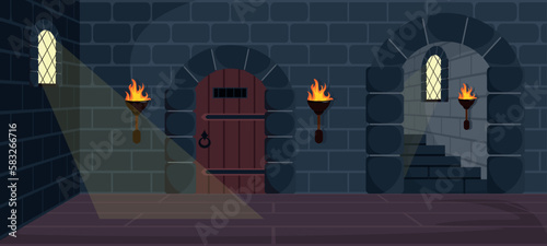 Vector illustration, dark dungeon of a medieval castle with stone walls, long stairs, wooden doors and floor, with bars on the windows in cartoon style.