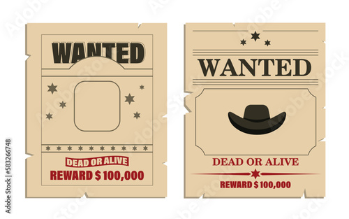 Vector illustration, photo poster, wanted man dead or alive. Western poster, runaway bandit, wanted cowboy. A bounty notice for the robber, printed on parchment.