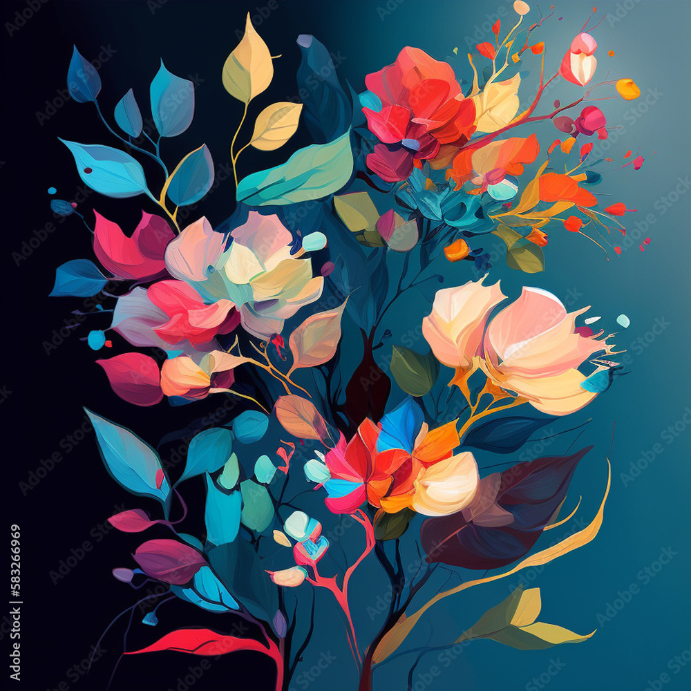 Original floral design with exotic flowers and tropic leaves. Colorful flowers on blue background. Original floral design with exotic flowers and tropic leaves. Colorful flowers on blue background.