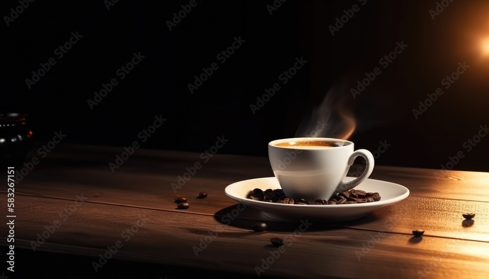 hot cup of coffee on table with coffe beans, selective focus, copy space hot cup of coffee on table with coffe beans, selective focus, copy space