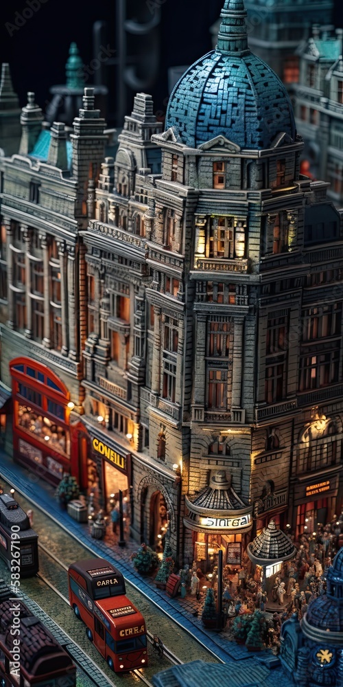 miniature cityscape of london with old buildinftraffic at night, city poster