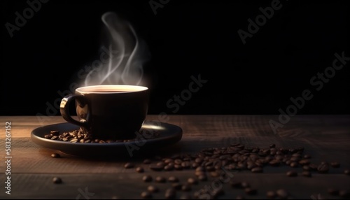 hot cup of coffee with beans, copy space and selective focus