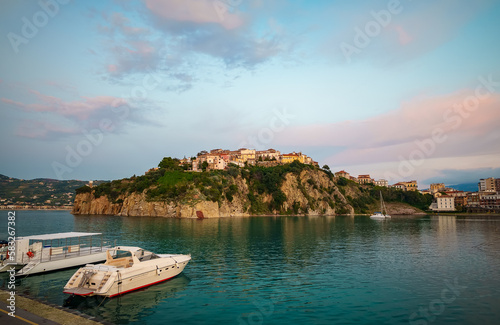 Old city on a cliff in Agropoli city at sunset.