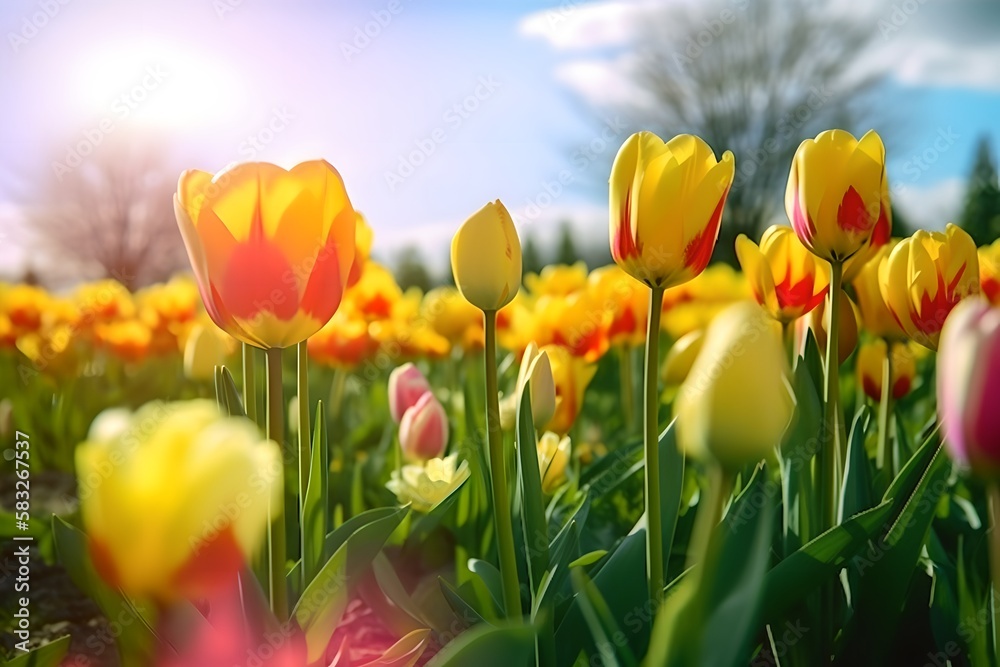 Tulips field on a sunny day, generative ai illustration Tulips field on a sunny day, generative ai illustration