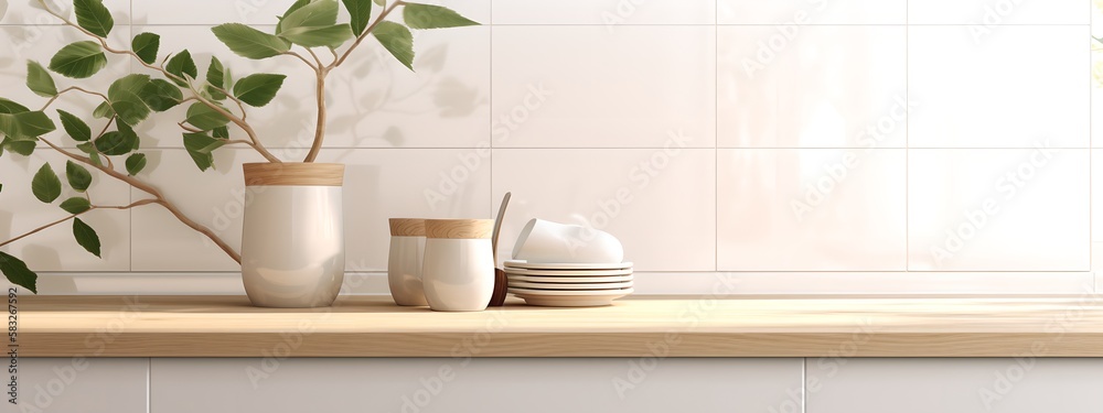 Modern kitchen countertop mockup, wood countertop with blank wall for product placings, generative ai illustration Modern kitchen countertop mockup, wood countertop with blank wall for product placings, generative ai illustration