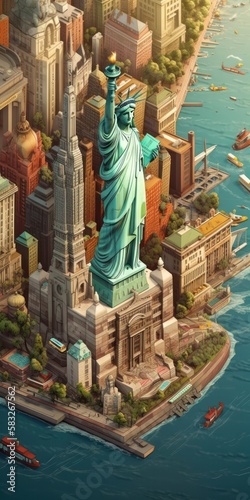 poster of a city harbour like new york city with statue of liberty, illustration for travel poster