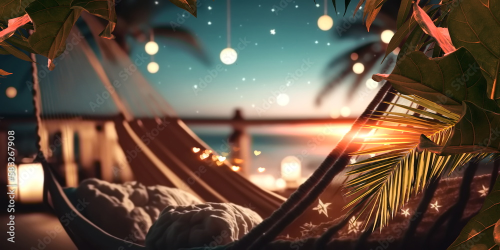 Obraz premium evening on the beach at sea luxury resort candles burn on the tables of a beach cafe, hammock with cozy pillows ,tropical plant and flowers holiday vacation travel background,generated ai