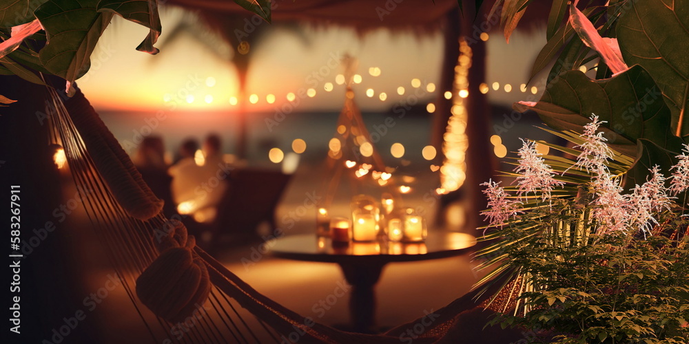  evening on the beach at sea luxury resort candles burn on the tables of a beach cafe, hammock with cozy pillows ,tropical plant and flowers holiday vacation travel background,generated ai