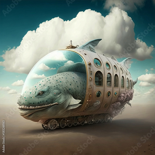 Mechanical Whale, an illustration of a surreal whale with a mechanical structure in the shape of a bus. Generative AI