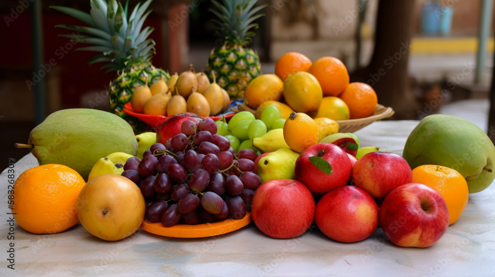 Various fresh fruits arranged at the market