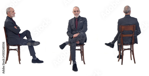 Foto side, back  and front view of same man sitting on chair  sitting on chair with t