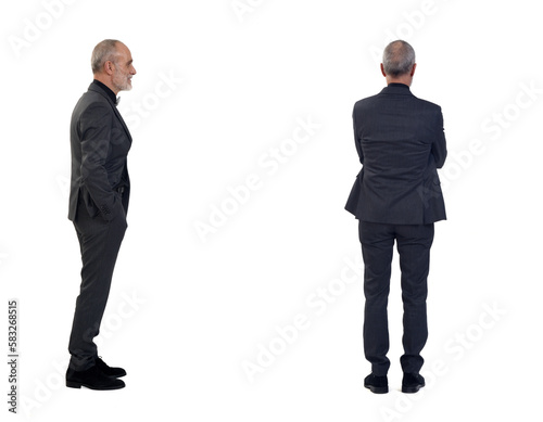 side,back and front view of same man with bow tie on white background photo