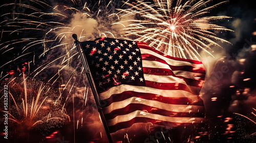 American flag and fireworks on Independence Day-4th of july