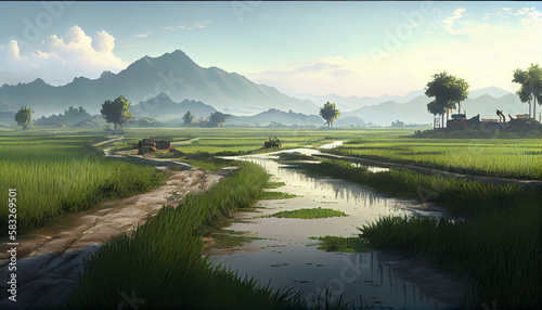 beautiful landscape growing Paddy rice field crop agricultural photo